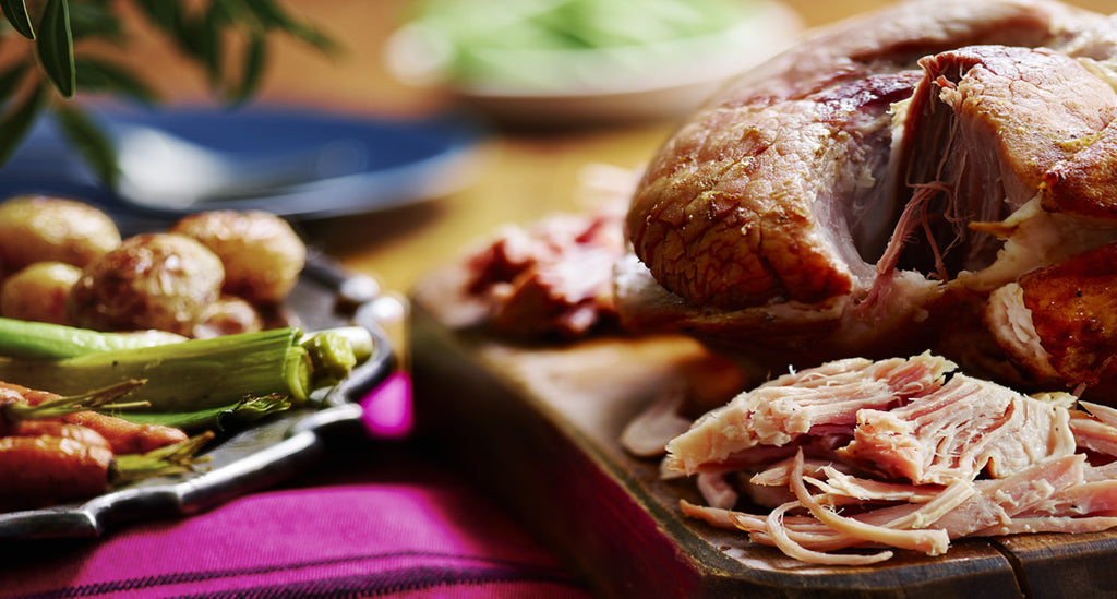 Maple Syrup, Orange and Maille Mustard Pulled Ham with Herb-buttered Vegetables