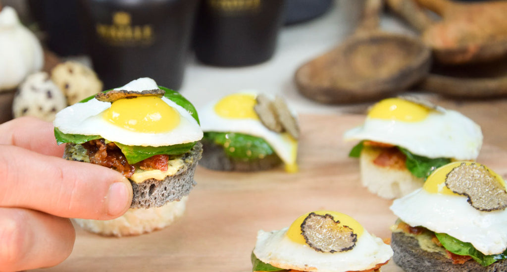 Quail Egg Canapé with Bacon, Spinach & Black Truffle