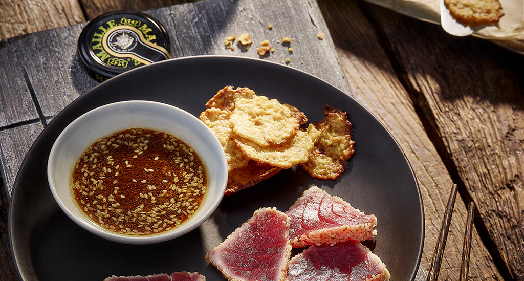 Seared Tuna Tataki with Ponzu Dressing and a Mustard Crisp Hat