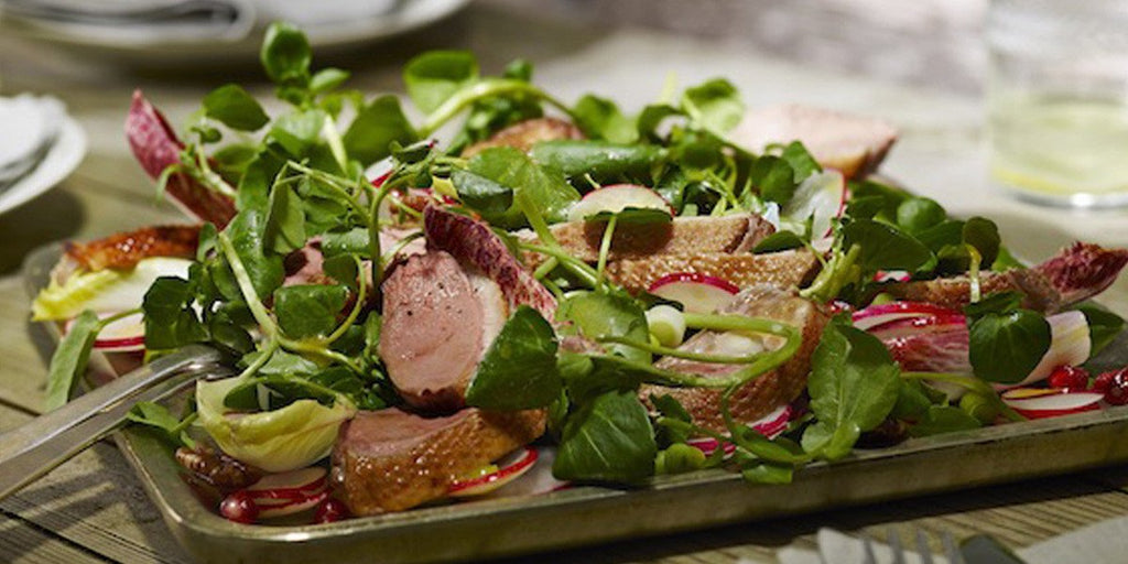 Duck, Chicory and Pomegranate Salad with Caramelised Pecans and a Maille dressing