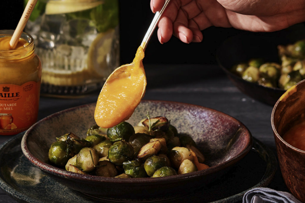 Maille Carrot Sauce Glazed Brussels Sprouts