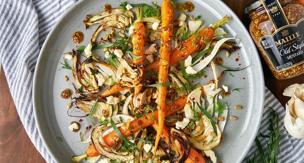 Maille Roasted Carrot and Fennel Sheet Pan Salad