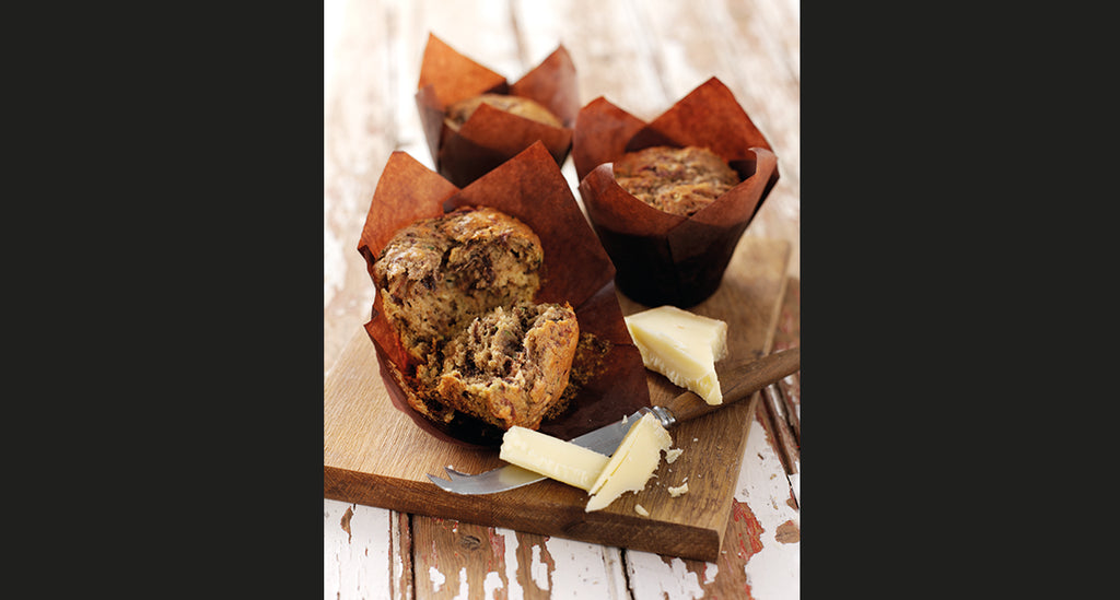 Rhubarb and Strawberry Savoury Mustard Muffins served with Comté Cheese
