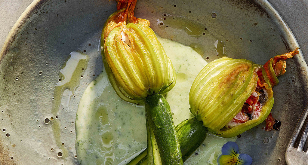Ricotta and Wholegrain Mustard Stuffed Courgette Flowers with Potato and Parsley Velouté