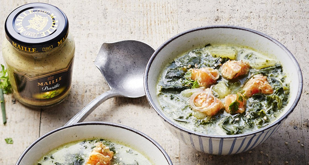 Spinach Soup with Salmon and Dill and Lime Mustard